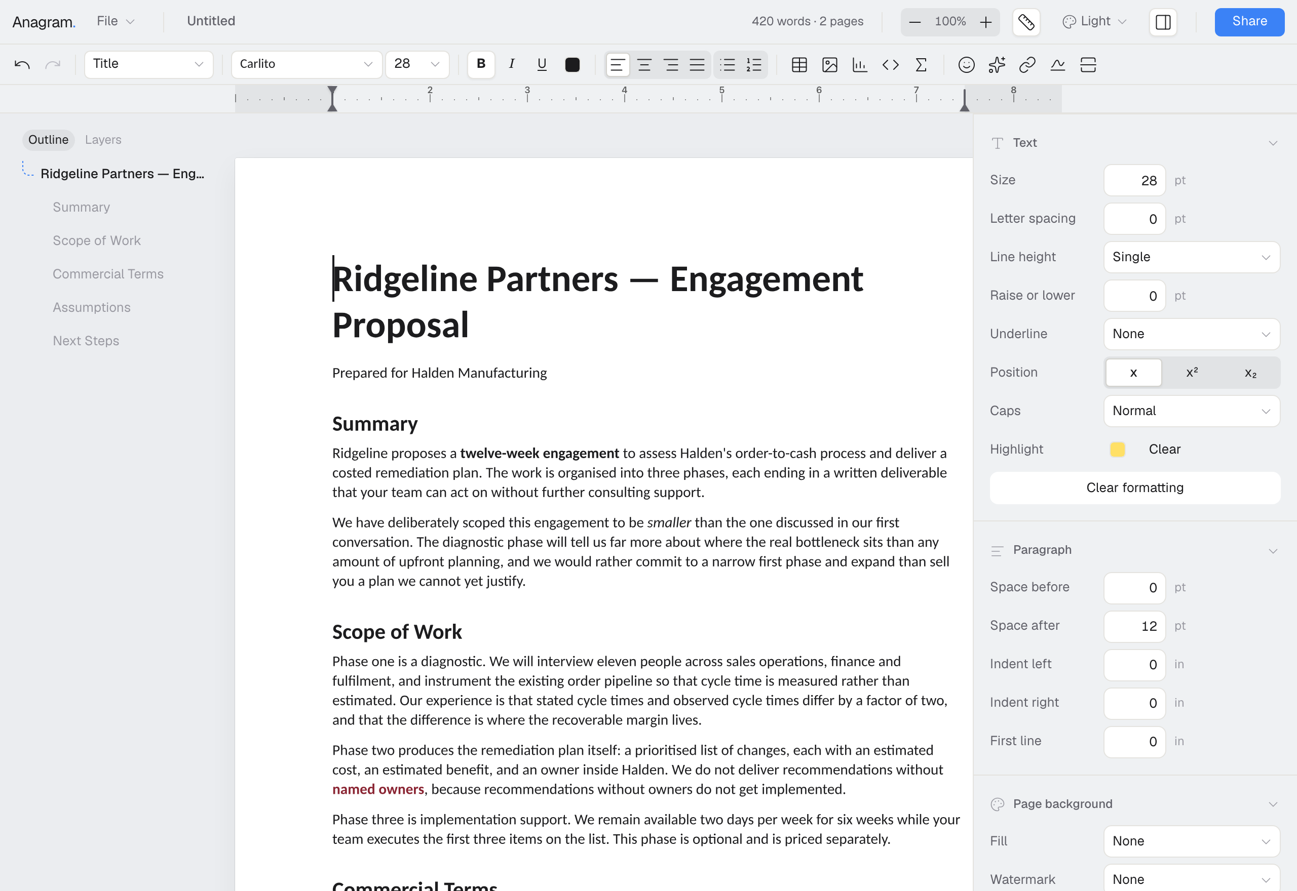 A proposal open in Anagram: the page in the middle, the
outline on the left, and the inspector on the right.